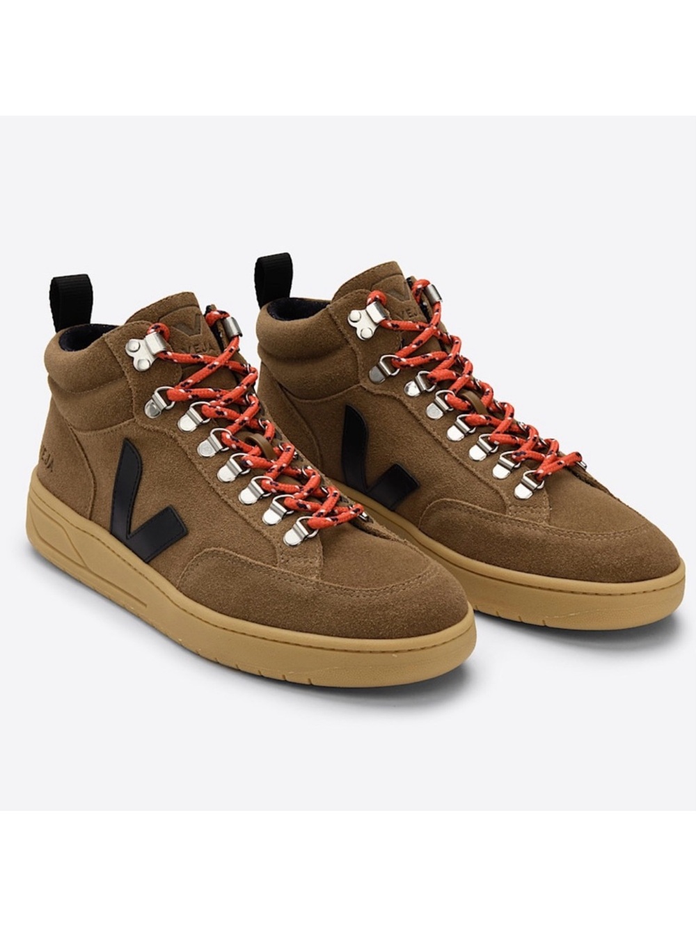 Veja Brown Suede High-Top Sneakers with Black Logo and Orange Laces